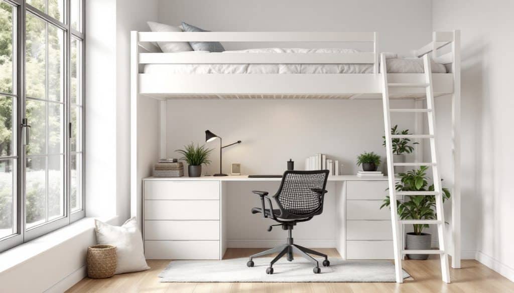 découvrez notre lit mezzanine blanc avec bureau intégré, idéal pour optimiser l'espace et allier fonctionnalité et design dans votre chambre.