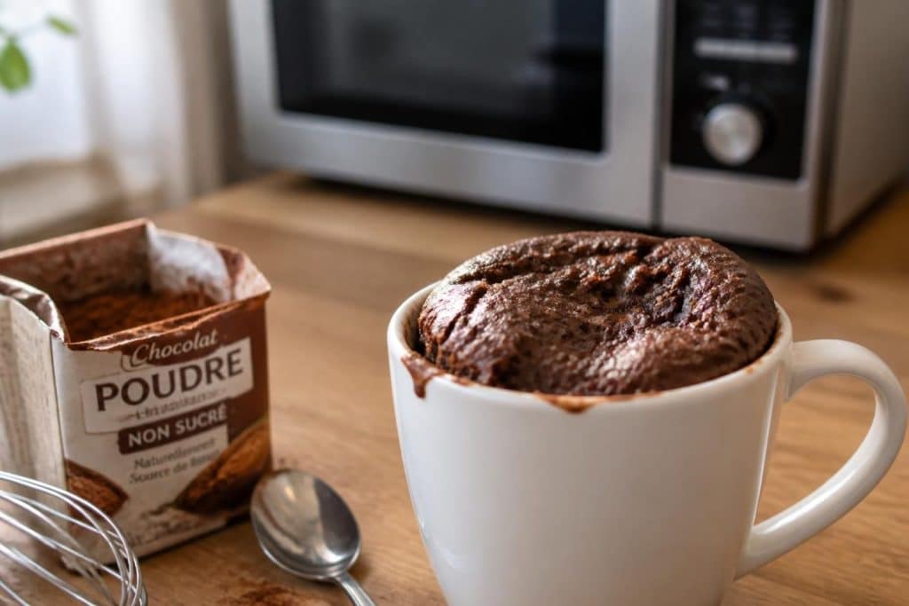 découvrez une recette rapide et facile de mug cake au chocolat en poudre, à préparer en quelques minutes au micro-ondes pour une gourmandise express.