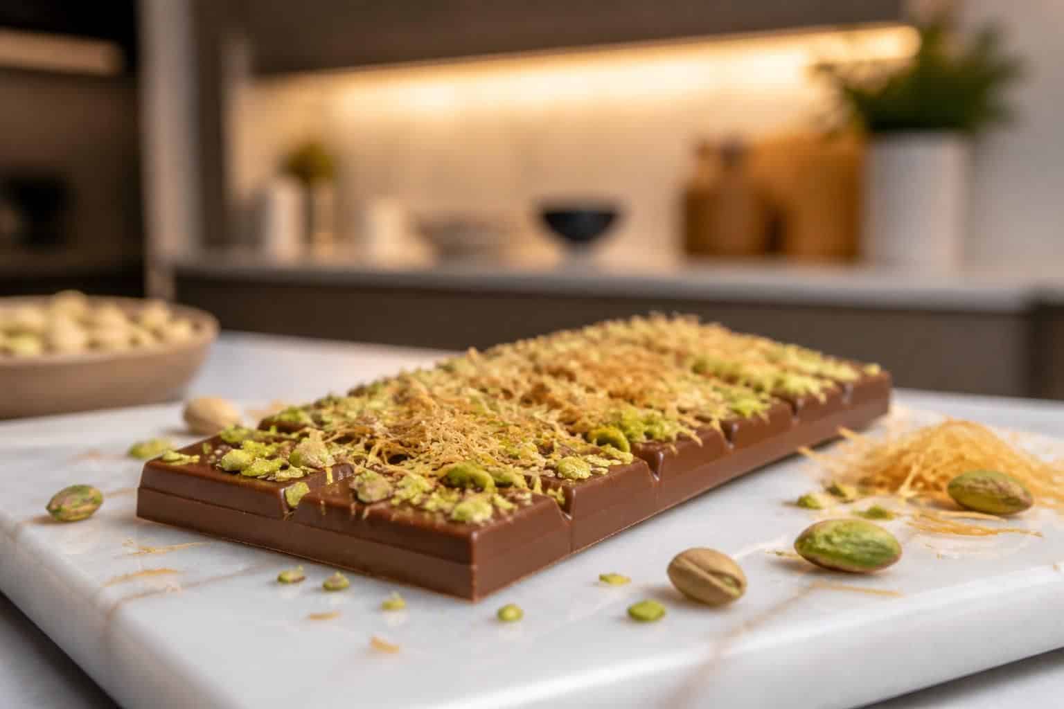 découvrez une recette facile pour une tablette de chocolat inspirée de dubaï, garnie de pistaches croquantes et de kadaïf délicat. parfaite pour les amateurs de douceurs raffinées !