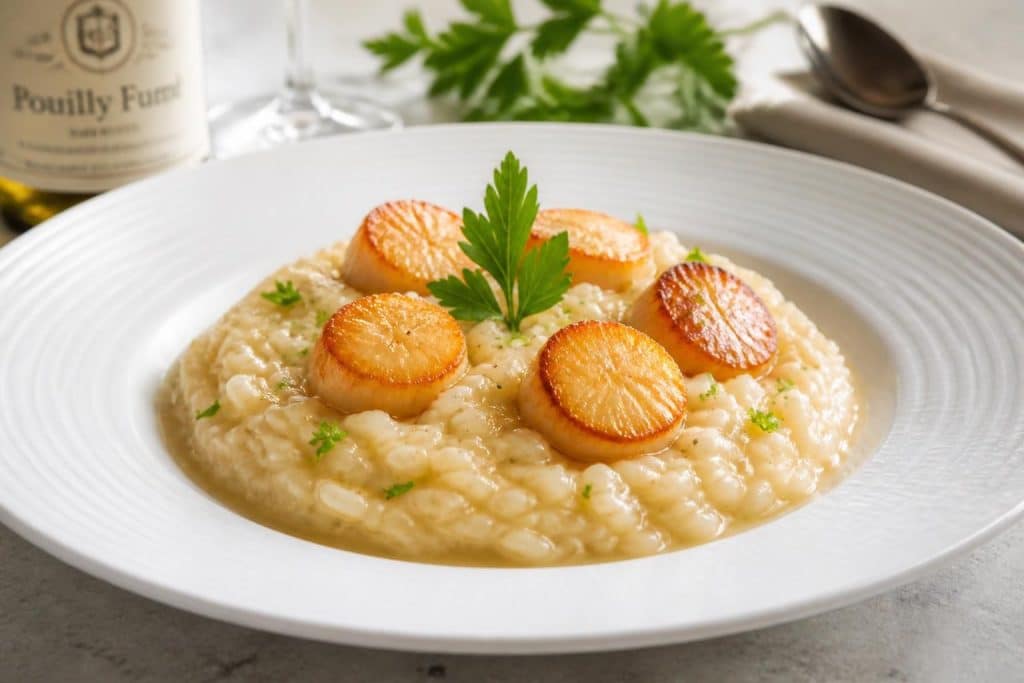 découvrez notre recette de risotto aux saint-jacques, crémeux et savoureux, préparé avec du vin blanc et un bouillon aromatique pour un plat raffiné et gourmand.