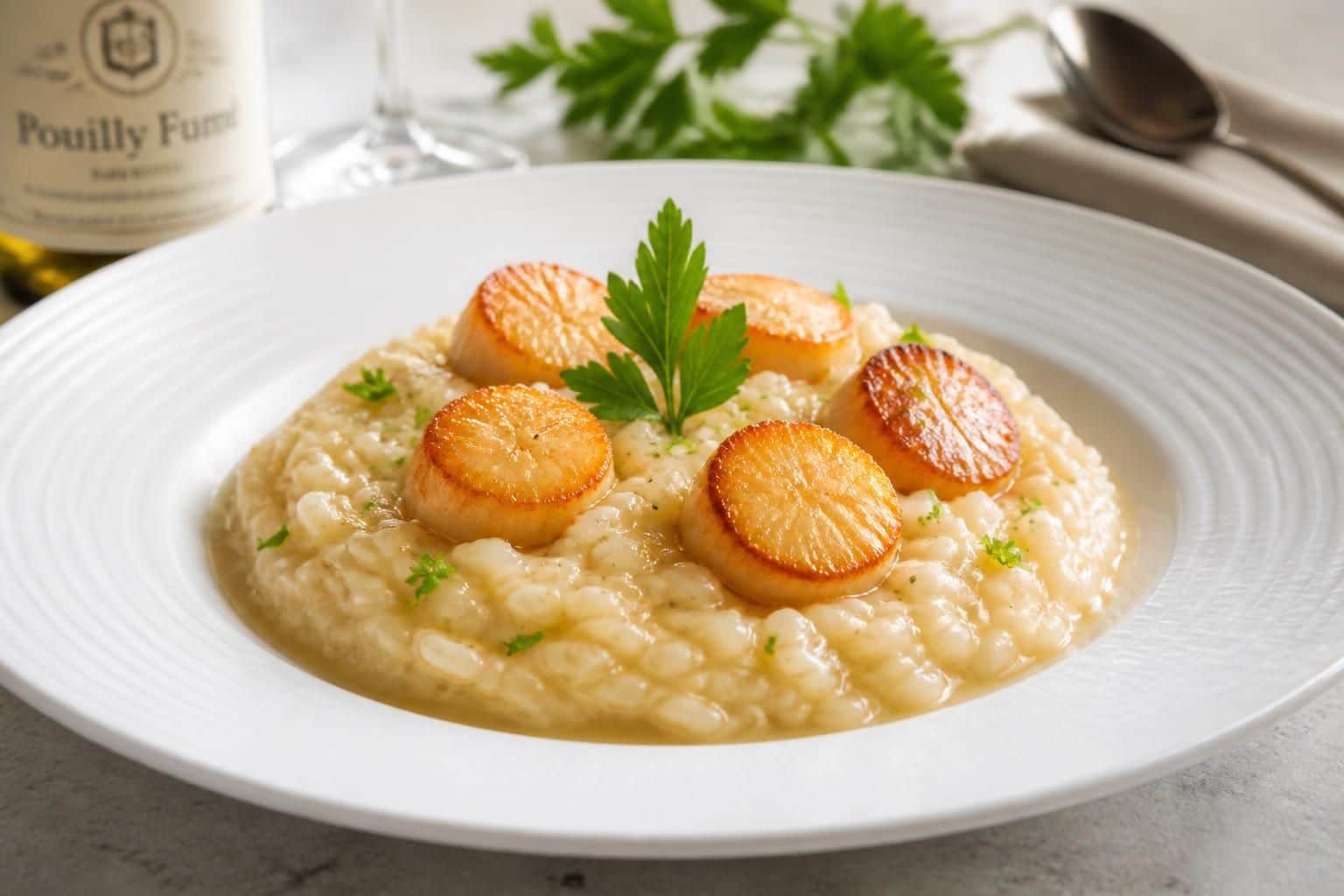 découvrez notre recette de risotto aux saint-jacques, crémeux et savoureux, préparé avec du vin blanc et un bouillon aromatique pour un plat raffiné et gourmand.